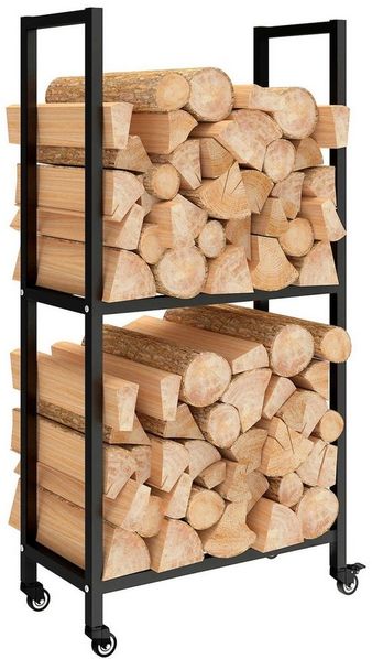Outsunny Kaminholzregal Feuerholzregal mit Rädern, 2-stufiges Design, BxTxH:60x30x119 cm, (Kaminholzständer, 1-St, geometrische Brennholzregal), Stahlrahmen, Schwarz