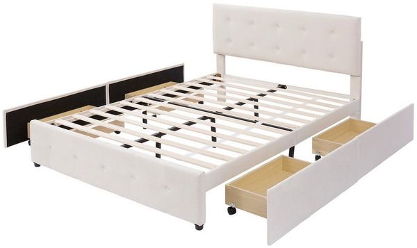 BlingBin Polsterbett Hautfreundliches Doppelbett Stauraumbett Jugendbett Bettgestell (Polsterbett mit 4 Schubladen, Lattenrost und Rückenlehne, 1-tlg, 140 x 200 cm, Ohne Matratze, Tragfähigkeit: 300KG), Doppelbett aus Samtstoff für Erwachsene und Jugen...