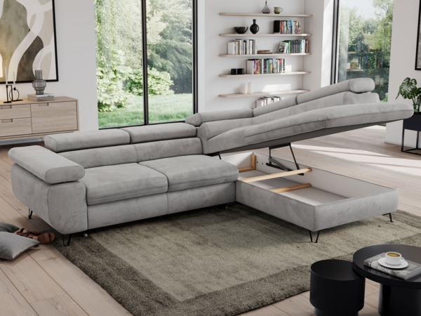 Mks Möbel 'Pedro L-Form' Ecksofa mit Schlaffunktion, verstellbaren Kopfstützen & Bettkasten, Hellgrau, Velours, mit Topper, rechts Bild 4