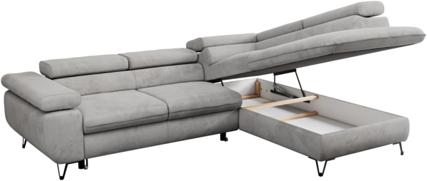 Mks Möbel 'Pedro L-Form' Ecksofa mit Schlaffunktion, verstellbaren Kopfstützen & Bettkasten, Hellgrau, Velours, mit Topper, rechts Bild 6