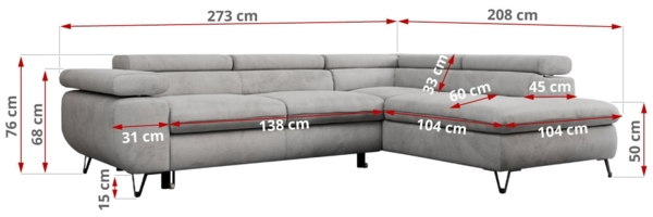 Mks Möbel 'Pedro L-Form' Ecksofa mit Schlaffunktion, verstellbaren Kopfstützen & Bettkasten, Hellgrau, Velours, mit Topper, rechts Bild 8