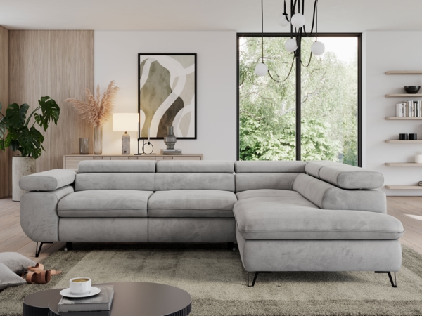 Mks Möbel 'Pedro L-Form' Ecksofa mit Schlaffunktion, verstellbaren Kopfstützen & Bettkasten, Hellgrau, Velours, mit Topper, rechts Bild 3