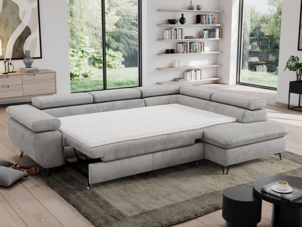 Mks Möbel 'Pedro L-Form' Ecksofa mit Schlaffunktion, verstellbaren Kopfstützen & Bettkasten, Hellgrau, Velours, mit Topper, rechts Bild 5