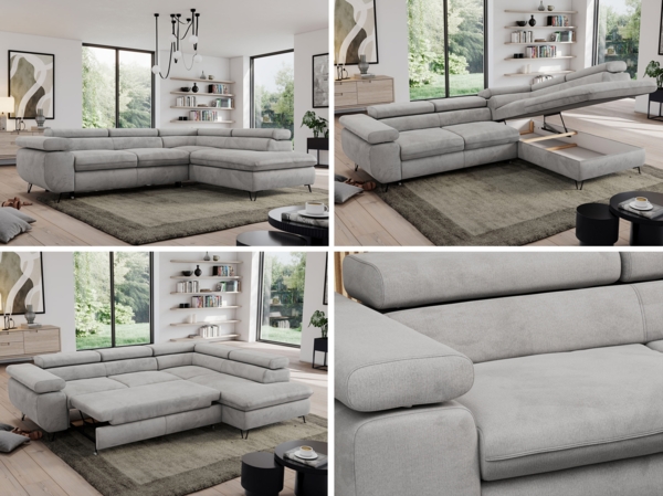 Mks Möbel 'Pedro L-Form' Ecksofa mit Schlaffunktion, verstellbaren Kopfstützen & Bettkasten, Hellgrau, Velours, mit Topper, rechts Bild 2