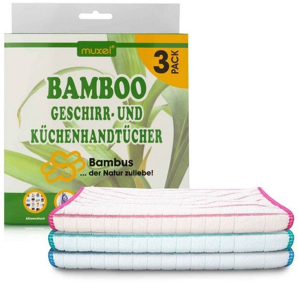 Muxel Geschirrtuch MUXEL Bambus Tücher - 3x Bambus Geschirrtücher - Extra saugfähiges, (Spar-Set, 3-tlg), kochfest