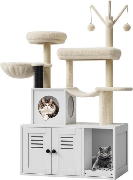 GarveeMore Kratzbaum mit Katzentoilettengehäuse,138cm, großer 2-in-1-Katzenturm, baumelnden Bällen,Sitzstange oben,verstecktes Katzentoiletten aus Holz