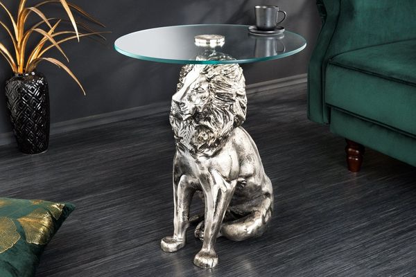 riess-ambiente Beistelltisch WILDLIFE LION 60cm silber antik / transparent · Couchtisch aus Metall (Einzelartikel, 1-St), Wohnzimmertisch mit Glas-Tischplatte · rund · handmade · Löwen-Statue