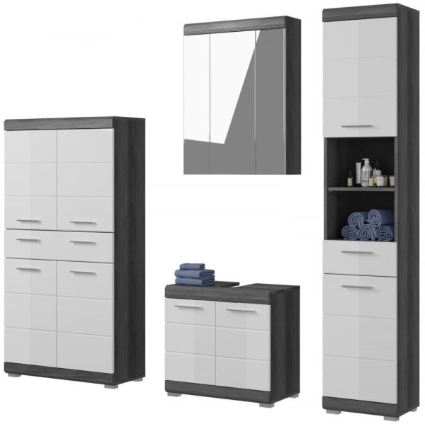 Badmöbel Set Shawn in weiß Hochglanz und grau 4-teilig 186 cm