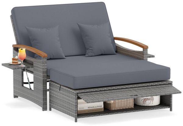 COSTWAY Loungebett, outdoor, Rattan, 2-Personen, Gartenliege mit verstellbarer Rückenlehne