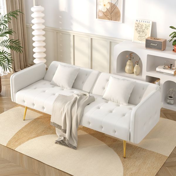 Sofabett, Samt mit verstellbarer Rückenlehne & Armlehnen, 215x81,5 cm Liegefläche, altweiß