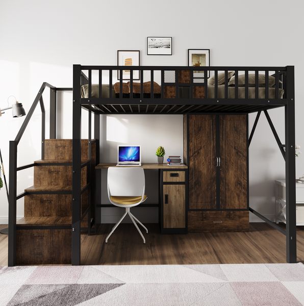 Bett 140x200 cm Hochbett mit Kleiderschrank und Aufbewahrungsleiter – platzsparendes Metall‑Holz‑Design