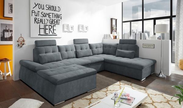 Couch Nalo Sofa Schlafcouch Bettsofa Schlafsofa Sofabett Wohnlandschaft ausziehbar anthrazit Ottomane rechts U-Form