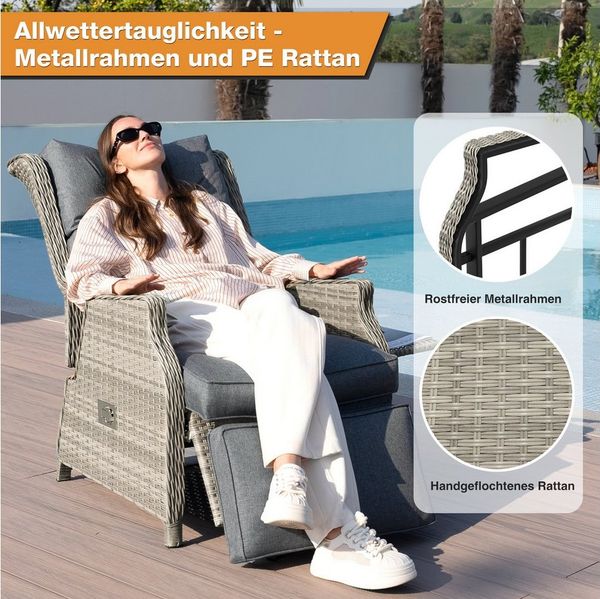 HOMECALL Rattanstuhl Gartensessel Indoor Verstellbar Liegestuhl Gartenliege balkonliege (Wetterfester Rahmen, klappbarem Beistelltisch und Fußstütze, 2 St), COMLAX FIELD