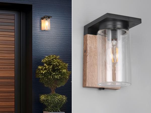 LED Außen Wandlaterne in Schwarz & Holzoptik mit Glasschirm, Höhe 19cm