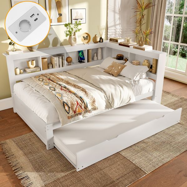 Daybett, 140 x 200 cm, Schlafsofa, Tagesbett mit ausziehbarem Bett, Mit Steckdose und 2 USB-Anschlssen, Bett mit Lattenrost (ohne Matratze), Spanplatte, Wei?