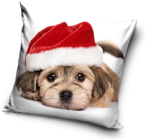 Hund mit Weihnachtsmütze Kissenbezug 40 x 40 cm
