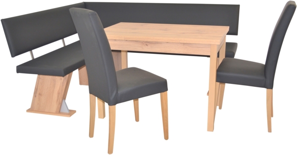 Moderne Eckbankgruppe in Eichedekor, Schenkel 150 x 182 cm, Auszugstisch, Kunstleder schwarz