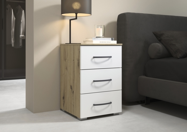 rauch Aditio Box, Nachttisch, 3 Schubladen, mit Softclose-Funktion, Farbe Weiß/Eiche Artisan, BxHxT 40x61x42cm