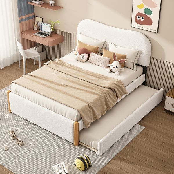 140*200cm Flachbett, gepolstert, mit praktischem ausziehbares Rollbett, minimalistische Formgebung, weiß