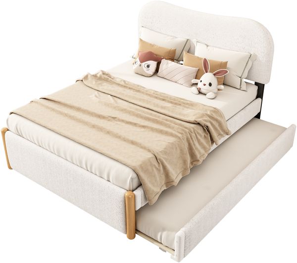 140*200cm Flachbett, gepolstert, mit praktischem ausziehbares Rollbett, minimalistische Formgebung, weiß Bild 3