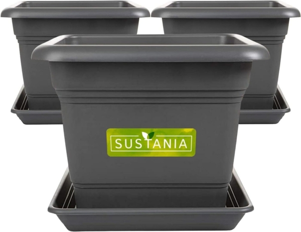SUSTANIA Blumentopf Pflanzkübel Groß mit Untersetzer Robuster Blumentopf (3er Set - 40x40), Übertopf Anthrazit, Hoher Pflanzentopf für Garten & Terrasse