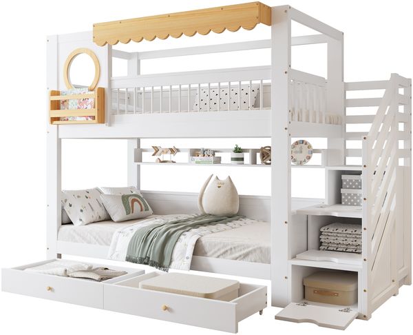 Etagenbett 90x200 cm aus Holzmaterial und MDF, Weiß/Natur, mit Treppenschrank, Regalen, Schubladen und Rausfallschutz Bild 7