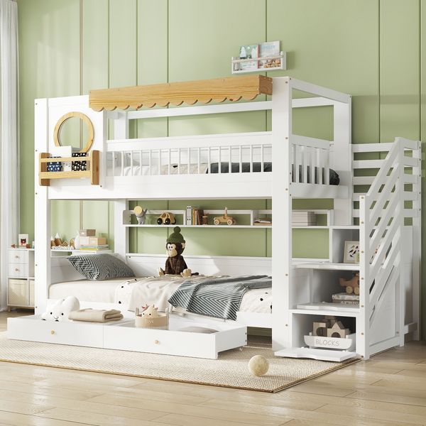 Etagenbett 90x200 cm aus Holzmaterial und MDF, Weiß/Natur, mit Treppenschrank, Regalen, Schubladen und Rausfallschutz