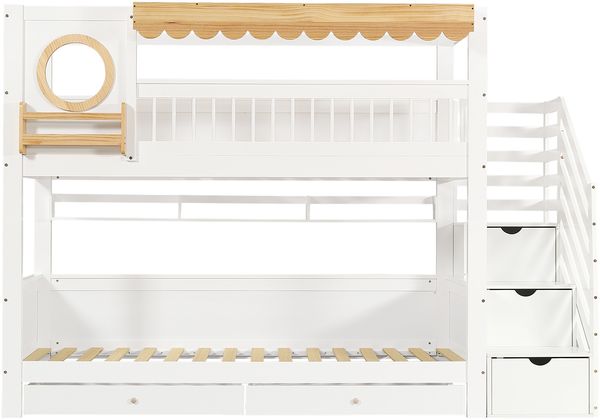 Etagenbett 90x200 cm aus Holzmaterial und MDF, Weiß/Natur, mit Treppenschrank, Regalen, Schubladen und Rausfallschutz Bild 6