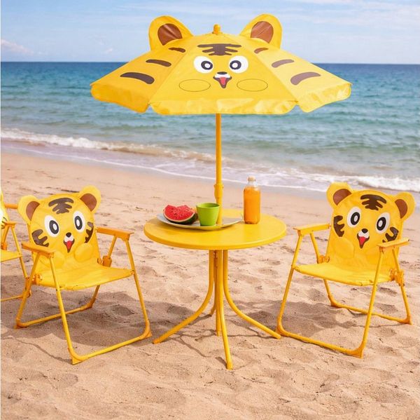 Koopman Garten-Kindersitzgruppe Sitzgruppe Tiger Strandschirm Tisch Kindermöbel 4tlg, (1-tlg), Tiger-Design, Faltstuhl, Orange / Gelb, Schattenspender, Outdoor