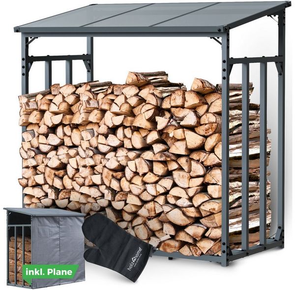 holz4home® Kaminholzregal Holzlager I Brennholzregal I Überdachung als Stapelhilfe für Brennholz, inkl. Plane und Holzhandschuh