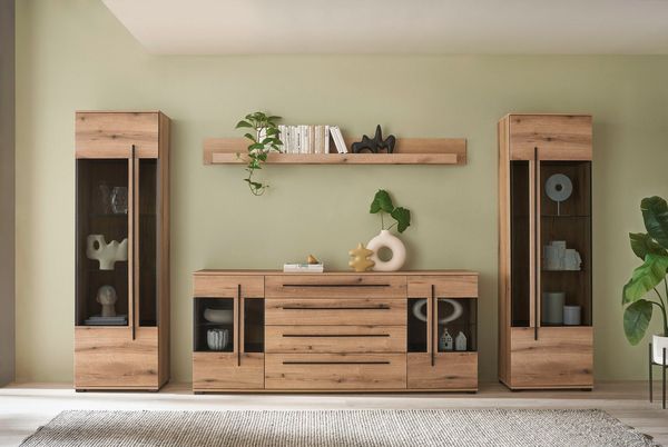 Home affaire Wohnwand Cantara, moderne Anbauwand, Wohnzimmer-Set, in Eiche Evoke oder Weiß, (Set), enthält zwei Vitrinen, ein Sideboard und ein Wandboard
