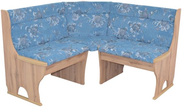 Truheneckbank "Anja 1E" 125x125 cm, Holzdekor Eiche, Stoff blau mit Blumendessin