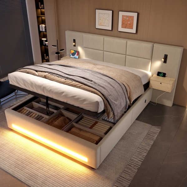 Polsterbett 180x200 cm mit Samt, LED, USB-C, Stauraum, Kopfteil-Schubladen, Hydraulik, Metallrahmen, Boxspring geeignet