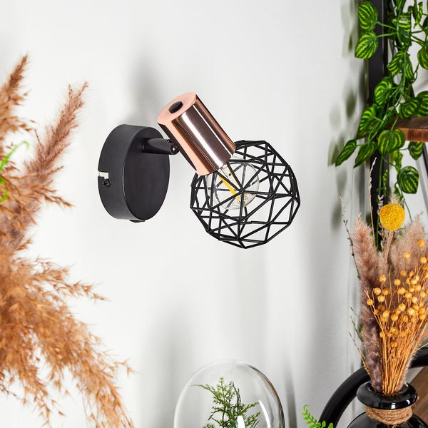 »Torano« 1-flammige Lampe aus Metall in Schwarz und Kupfer, Gitterschirm mit Lichteffekt, Spot ist dreh- und schwenkbar, mit An- & Ausschalter, 1 x E14 max. 40 Watt