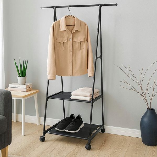 Koopman Kleiderständer Garderobenständer Schuhregal Campingregal 157 x 85 x 45 cm, (1 St), Breite verstellbar, 2 Ablagen, 4 Rollen, Bügelstange, Metallgestell