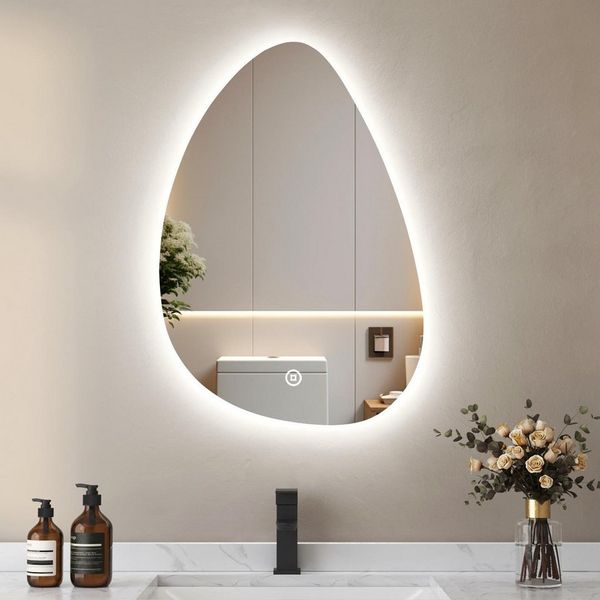 WDWRITTI Schminkspiegel LED Wandspiegel Schminktisch Kosmetikspiegel Asymmetrisch (LED Multifunktionspiegel, Wassertropfen, 65x90cm, 55x80cm), Kalt/Neutral/Warmweiß, Speicherfunktion