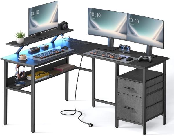 Vasagle L-förmiger Schreibtisch mit Steckdosen, Eckschreibtisch, Computertisch, Monitorständer, Gaming-Tisch, LED-Beleuchtung, USB-Anschlüsse, einfache Montage, Homeoffice, ebenholzschwarz von Songmics