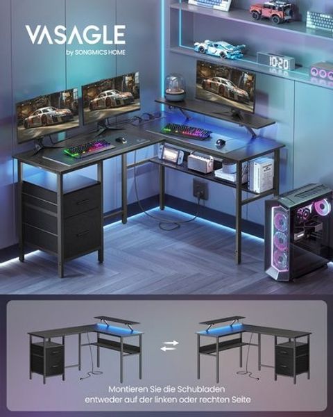 Vasagle L-förmiger Schreibtisch mit Steckdosen, Eckschreibtisch, Computertisch, Monitorständer, Gaming-Tisch, LED-Beleuchtung, USB-Anschlüsse, einfache Montage, Homeoffice, ebenholzschwarz von Songmics