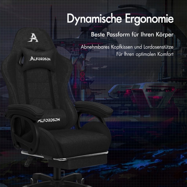 ALFORDSON Gaming-Stuhl mit Massage-Lordosenstütze, ergonomisch, mit Kopfstütze, höhenverstellbar, Stoffbezug, schwarz Bild 2