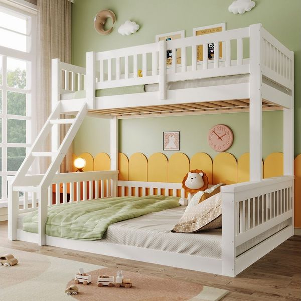 Flieks Etagenbett, Kinderbett 90x200cm+140x200cm mit Schrägleiter und Sicherheitsgeländer