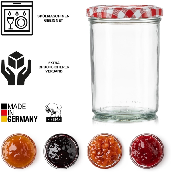 BigDean 60x Sturzgläser 435ml - Einmachgläser Einweckgläser Schraubgläser - Made in Germany - Marmeladengläser mit Schraub-Deckel TO 82 - Rot kariert Bild 4