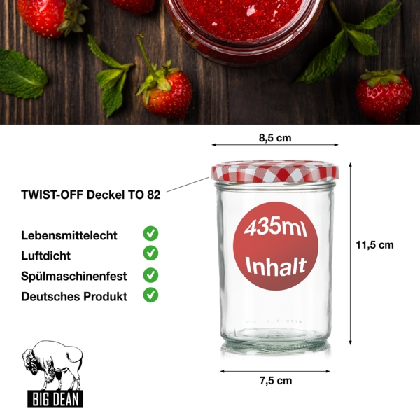 BigDean 60x Sturzgläser 435ml - Einmachgläser Einweckgläser Schraubgläser - Made in Germany - Marmeladengläser mit Schraub-Deckel TO 82 - Rot kariert Bild 2