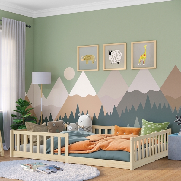 Bellabino 'Vere' Bodenbett 140x200 cm, natur, Massivholz Kiefer, Montessori Kinderbett mit Rausfallschutz und Lattenrost