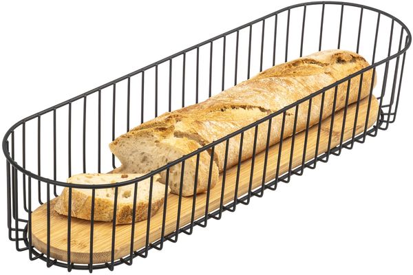 eluno Drahtkorb mit Bambusboden, Obstschale, Brotkorb, matt schwarz
