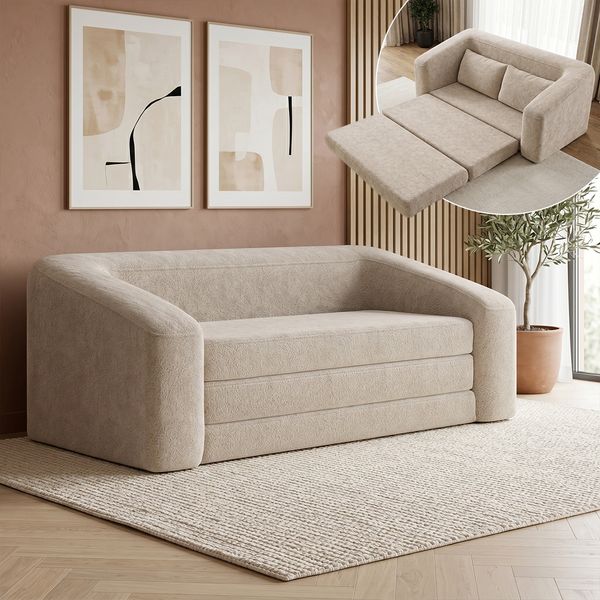 skølm 'Fjäll' Schlafsofa 2 Sitzer mit 2 Kissen, beige, Teddy-Bouclé Sofa ausklappbar, mit Liegefunktion, vakuumverpackt ohne Aufbau