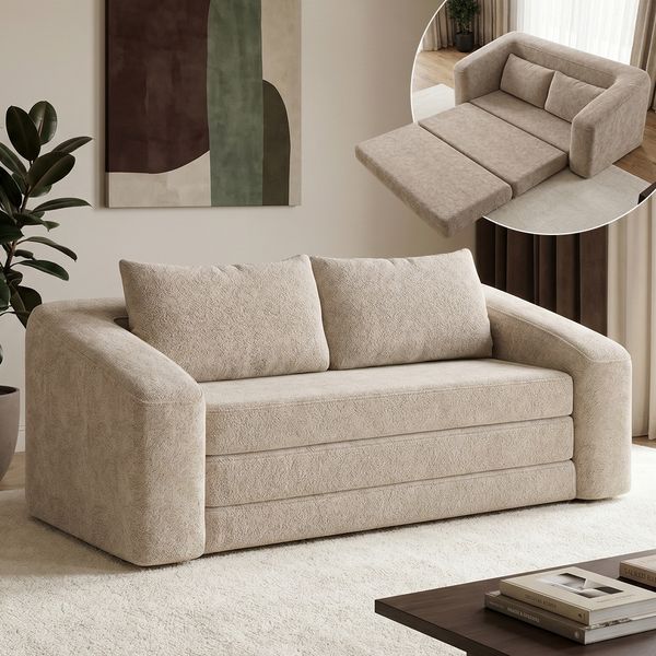 skølm 'Fjäll' Schlafsofa 2 Sitzer mit 2 Kissen, beige, Teddy-Bouclé Sofa ausklappbar, mit Liegefunktion, vakuumverpackt ohne Aufbau