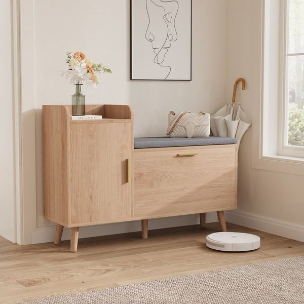 FUROKOY Schuhschrank Schuhbank Gepolstert mit Schrank (Schuhregal mit 1 Klappen und 2 Fächern) für Eingangsbereich, Flur, 100 x 30 x 69.5 cm