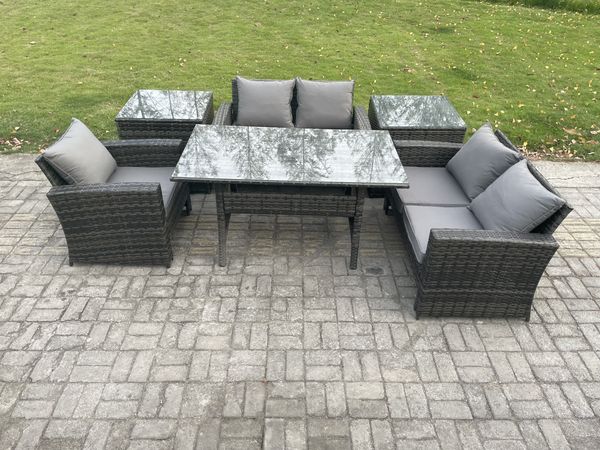 Fimous Gartenlounge Set Polyrattan Gartenmöbel Set mit Esstisch Doppelsitzsofa 2 Beistelltischen Dunkelgrau gemischt