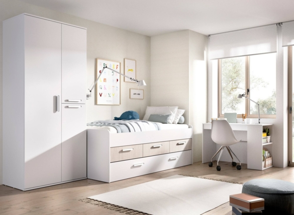 Dmora Kinderbett Aftro, Kinderbett für Schlafzimmer, Einzelbett mit Kommoden, Struktur mit ausziehbarem Bett, 194x95 h68 cm, Weiß und Eiche Bild 6