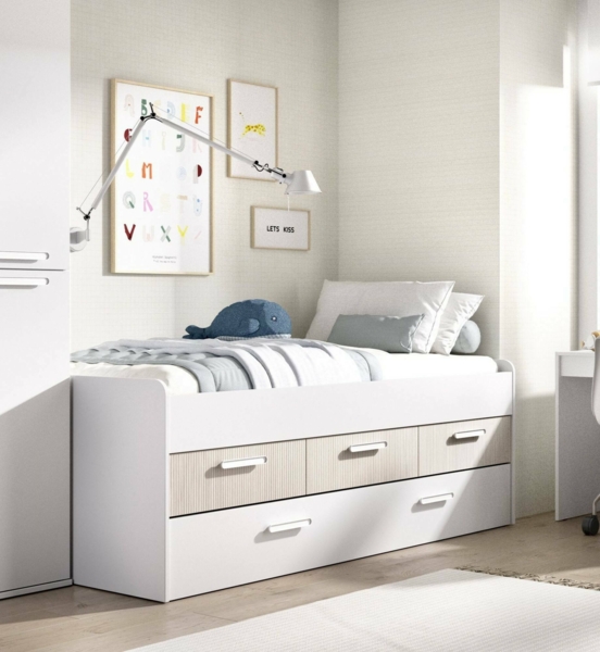 Dmora Kinderbett Aftro, Kinderbett für Schlafzimmer, Einzelbett mit Kommoden, Struktur mit ausziehbarem Bett, 194x95 h68 cm, Weiß und Eiche Bild 2